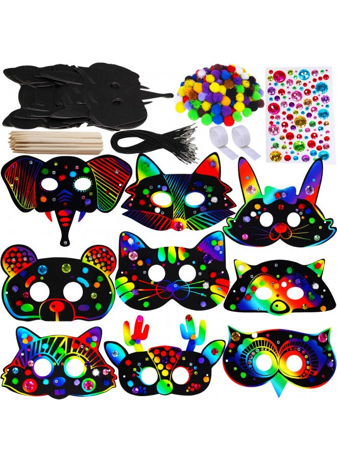 Winlyn 27 Sets Magic Scratch Off Art Rainbow Magic Scratch Paper Animal Masks Owl Rabbit Tiger Wolf Bear Squirrel Fox Bear Elephant Cutouts Face Kids Jungle Forest Animal Birthday Party Activities