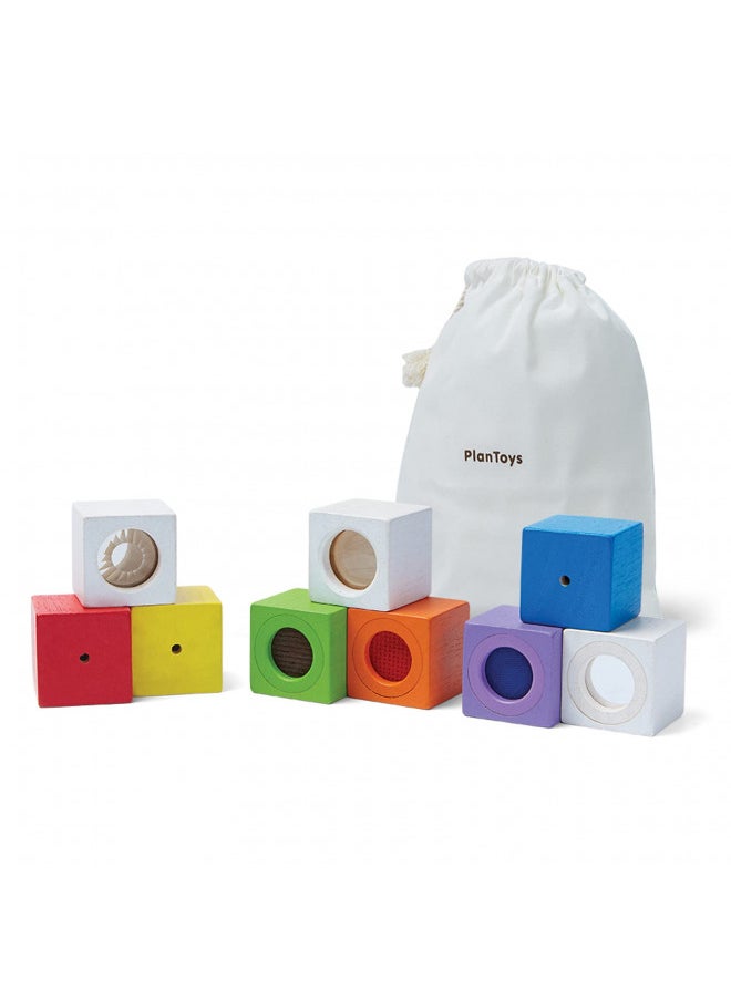 PlanToys Wooden 9 Piece Sensory Activity Blocks Learning & Development Toy (5531) | Sustainably Made from Rubberwood and Non-Toxic Paints and Dyes
