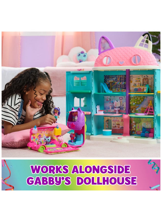 Gabby's Dollhouse Celebration Party Bus Playset with Gabby & DJ Catnip Toy Figures and Dollhouse Accessories, Kids Toys for Ages 3 and Up