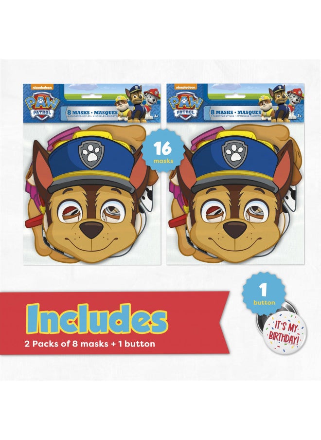 Unique Paw Patrol Masks for Kids Birthday Party Favors and Decorations with Buttons - 16 Pack