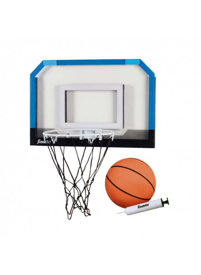 Franklin Sports Over the Door Indoor Basketball Hoop - Kids Mini Hoop for Bedroom - Steel Rim Mini Hoop - Includes Ball and Pump - Blue
