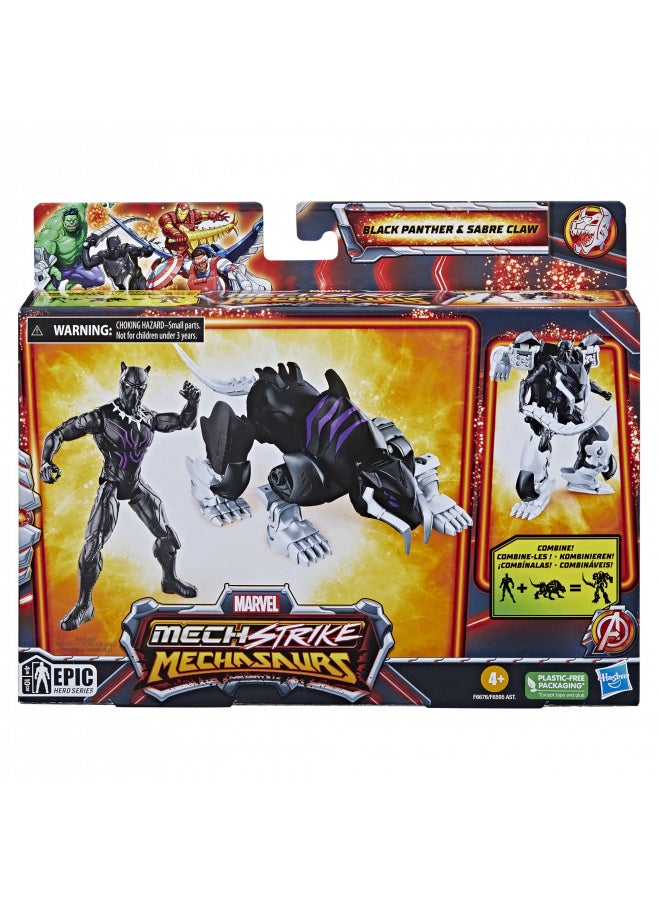 Marvel Mech Strike Mechasaurs, 4-Inch Black Panther with Sabre Claw Action Figures, Super Hero Toys for Kids Ages 4 and Up