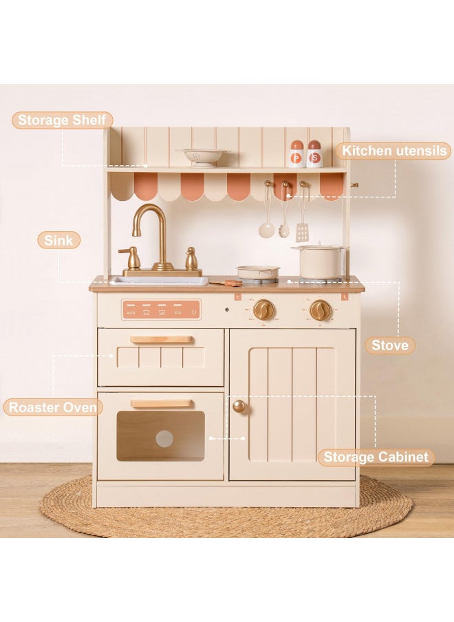 ROBOTIME Play Kitchen for Kids Toddlers, Wooden Pretend Play Kitchen Set Toy with Cutting Food Set, Toys Kitchen Gift for 3+ Year Old Kids, Girls & Boys