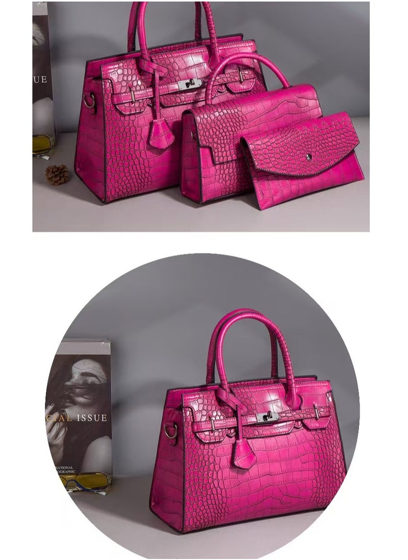 Women's Crocodile Pattern Tote Bags, Stylish Handbags ,Satchels Purses,Crossbody Bag and Wallets, 3 Pcs Set For Women-Hot Pink