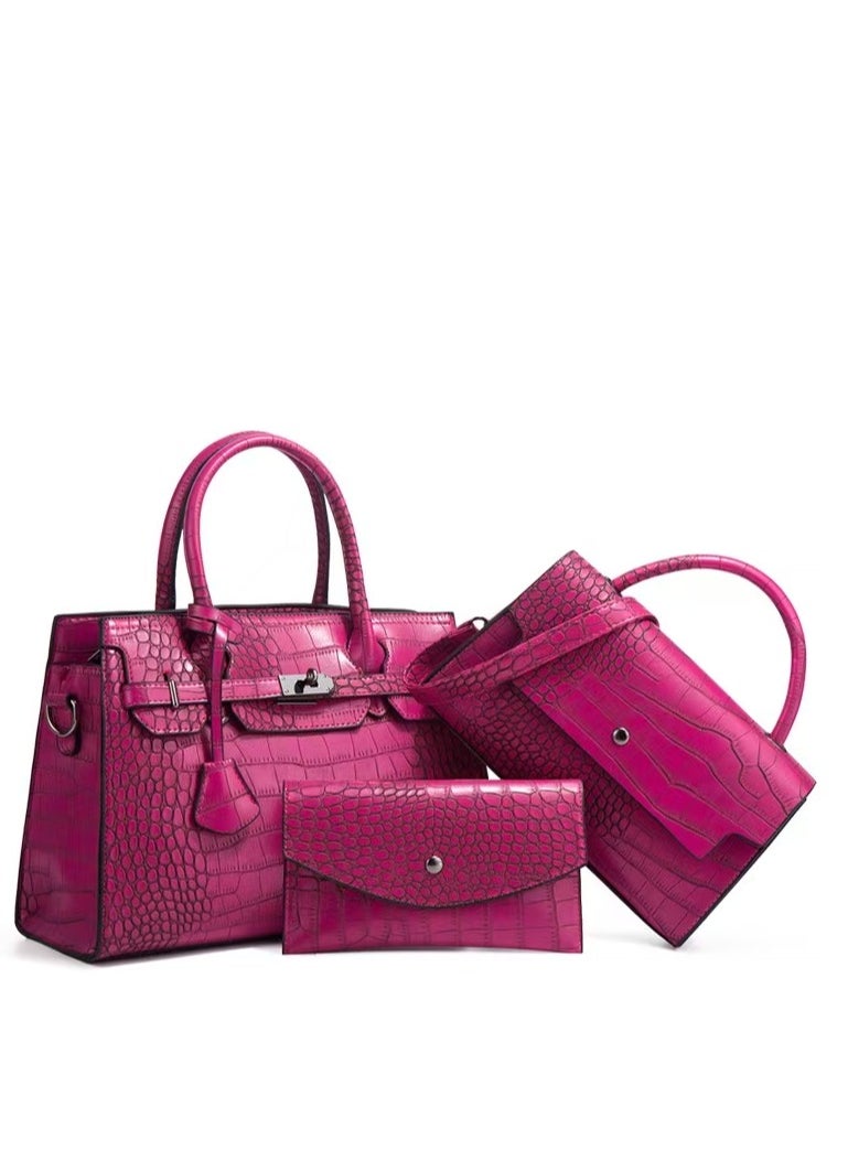 Women's Crocodile Pattern Tote Bags, Stylish Handbags ,Satchels Purses,Crossbody Bag and Wallets, 3 Pcs Set For Women-Hot Pink