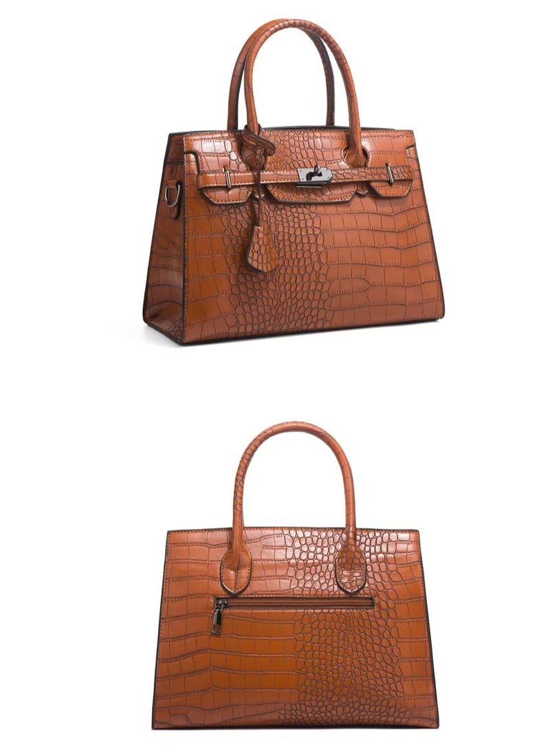 Women's Crocodile Pattern Tote Bags, Stylish Handbags ,Satchels Purses,Crossbody Bag and Wallets, 3 Pcs Set For Women-Brown