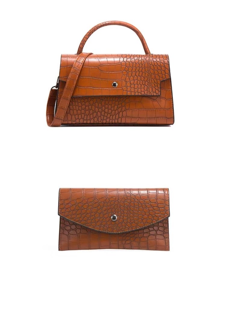 Women's Crocodile Pattern Tote Bags, Stylish Handbags ,Satchels Purses,Crossbody Bag and Wallets, 3 Pcs Set For Women-Brown