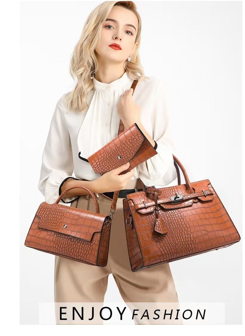 Women's Crocodile Pattern Tote Bags, Stylish Handbags ,Satchels Purses,Crossbody Bag and Wallets, 3 Pcs Set For Women-Brown