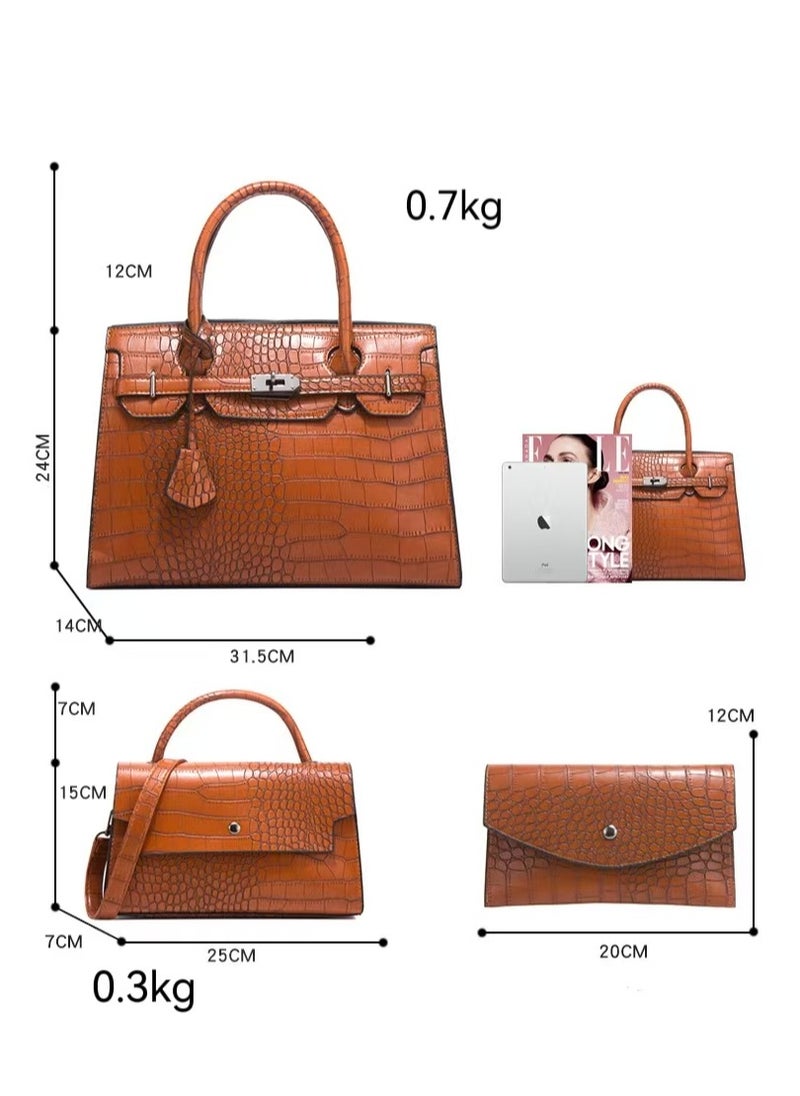 Women's Crocodile Pattern Tote Bags, Stylish Handbags ,Satchels Purses,Crossbody Bag and Wallets, 3 Pcs Set For Women-Brown