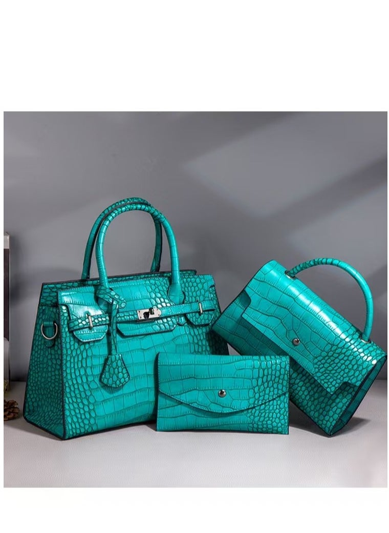 Women's Crocodile Pattern Tote Bags, Stylish Handbags ,Satchels Purses,Crossbody Bag and Wallets, 3 Pcs Set For Women-Blue