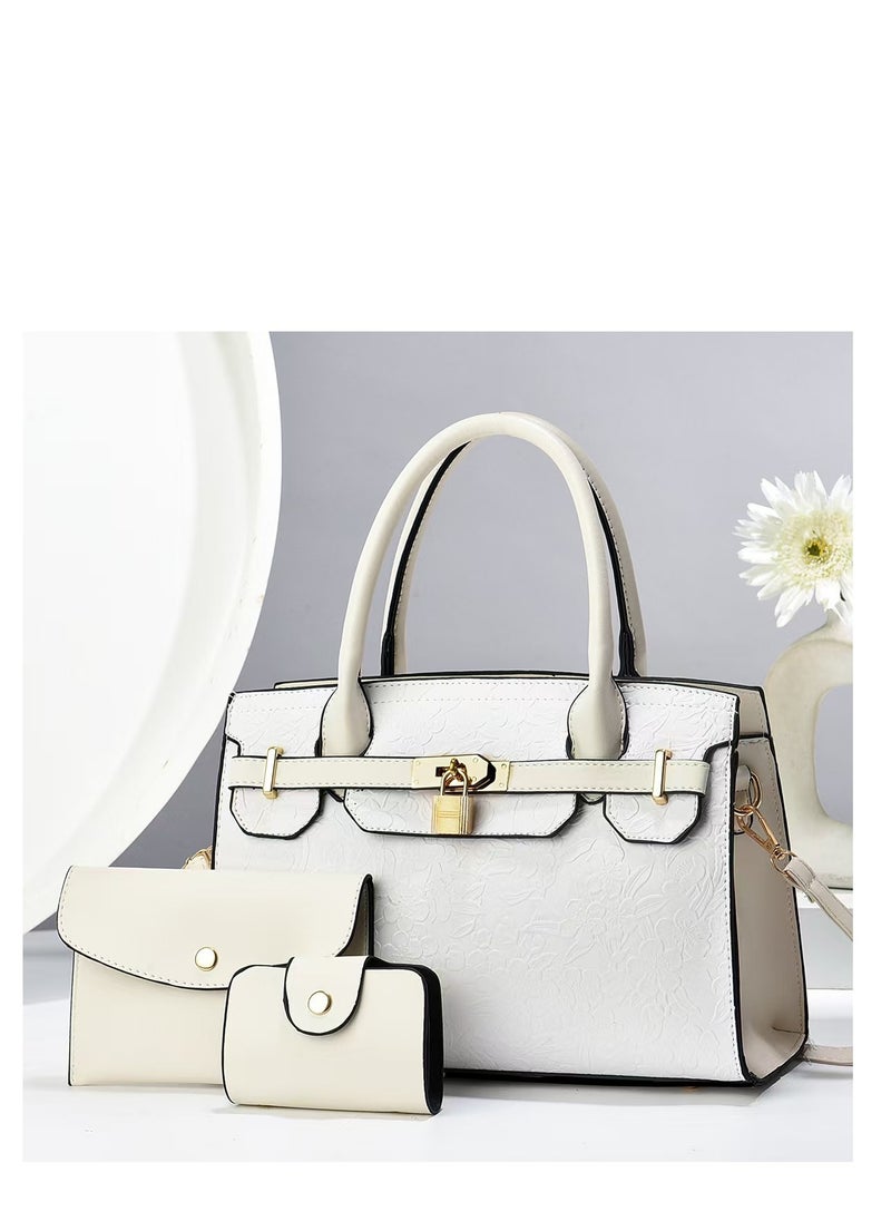 Women's Emboss Pattern Tote Bags, Stylish Handbags ,Satchels Purses,Clutch Bag and Wallets, 3 Pcs Set For Women-White