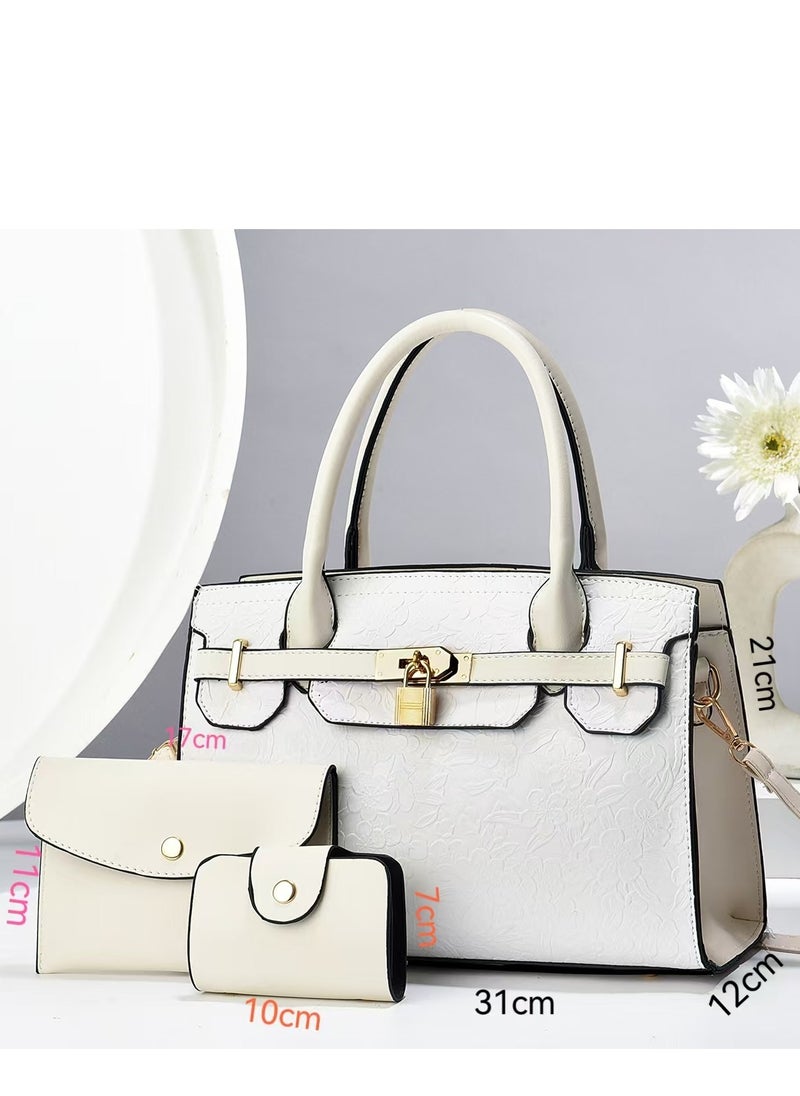 Women's Emboss Pattern Tote Bags, Stylish Handbags ,Satchels Purses,Clutch Bag and Wallets, 3 Pcs Set For Women-White