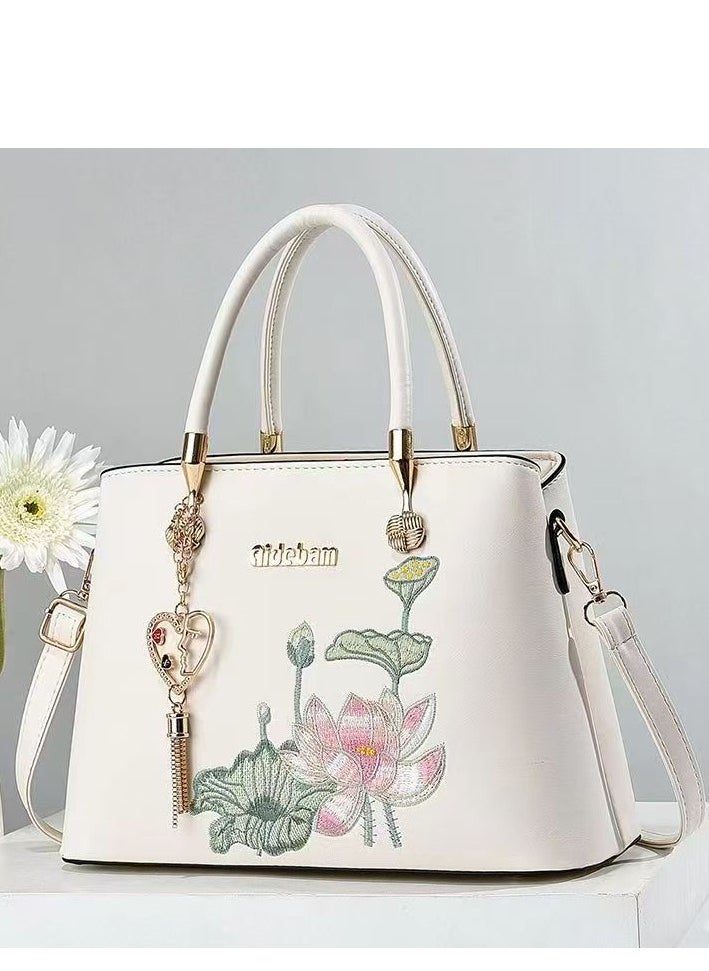 Women's Embroidered lotus flowers Pattern Tote Bags, Satchels Purses,Crossbody Bag - White