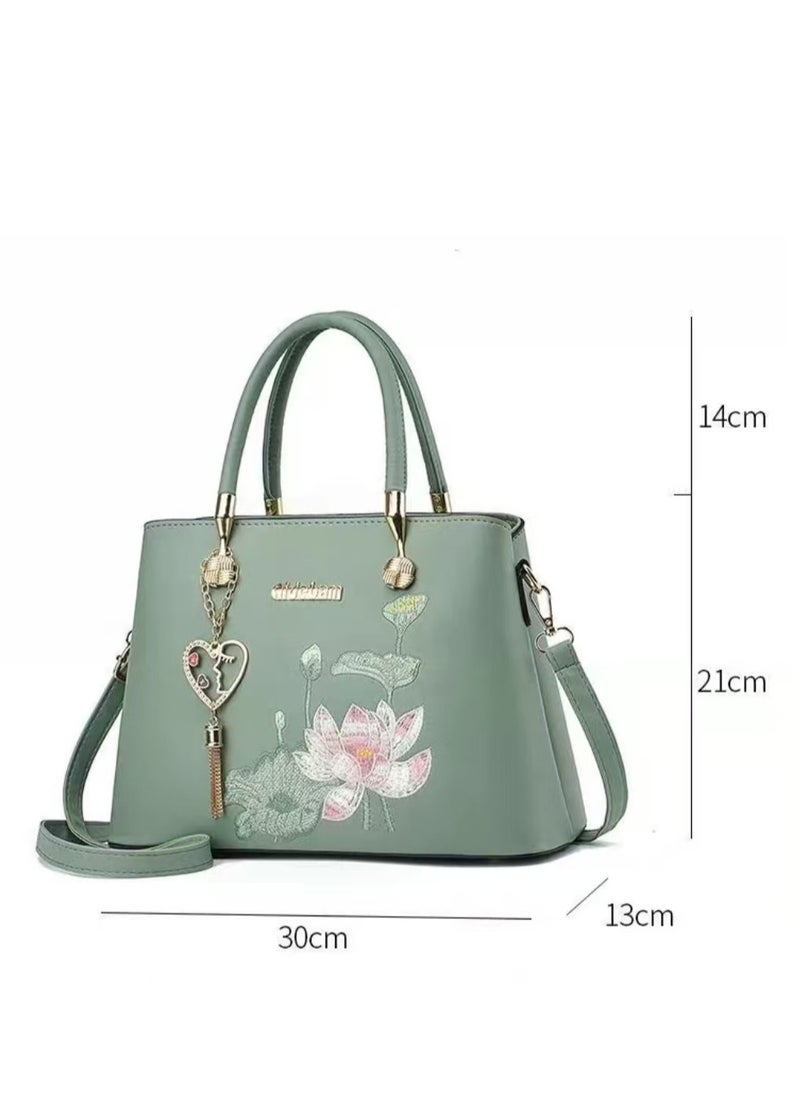 Women's Embroidered lotus flowers Pattern Tote Bags, Satchels Purses,Crossbody Bag - White