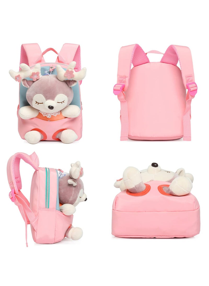 Little Doll Stuffed Animal kids Plush Backpack, Lovely Toddler Backpack, Cartoon Preschool Purse for Kids, Suitable for  2-6 Years Girl Boy (Pink)