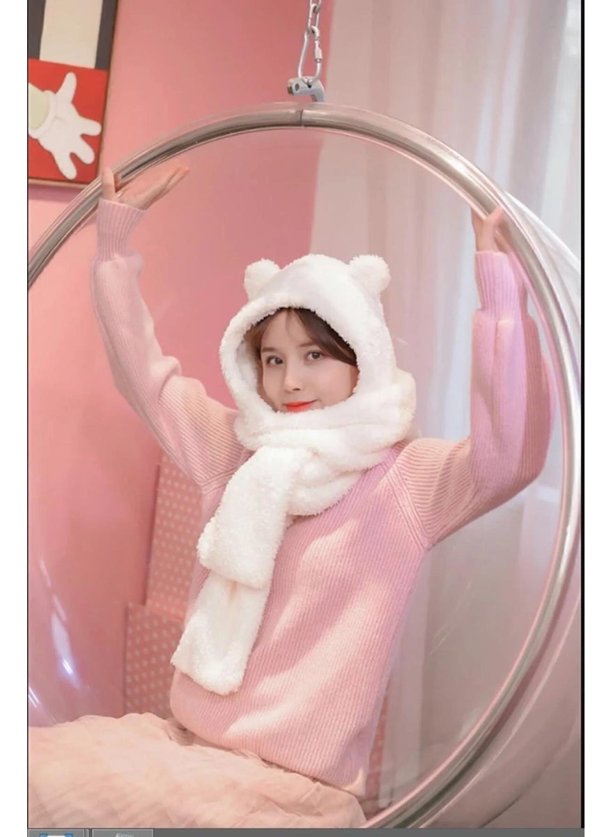 Hooded Plush Beanie Scarf Women Welsoft Polar Fleece Neck Warmer Shawl Windproof Eared Hat