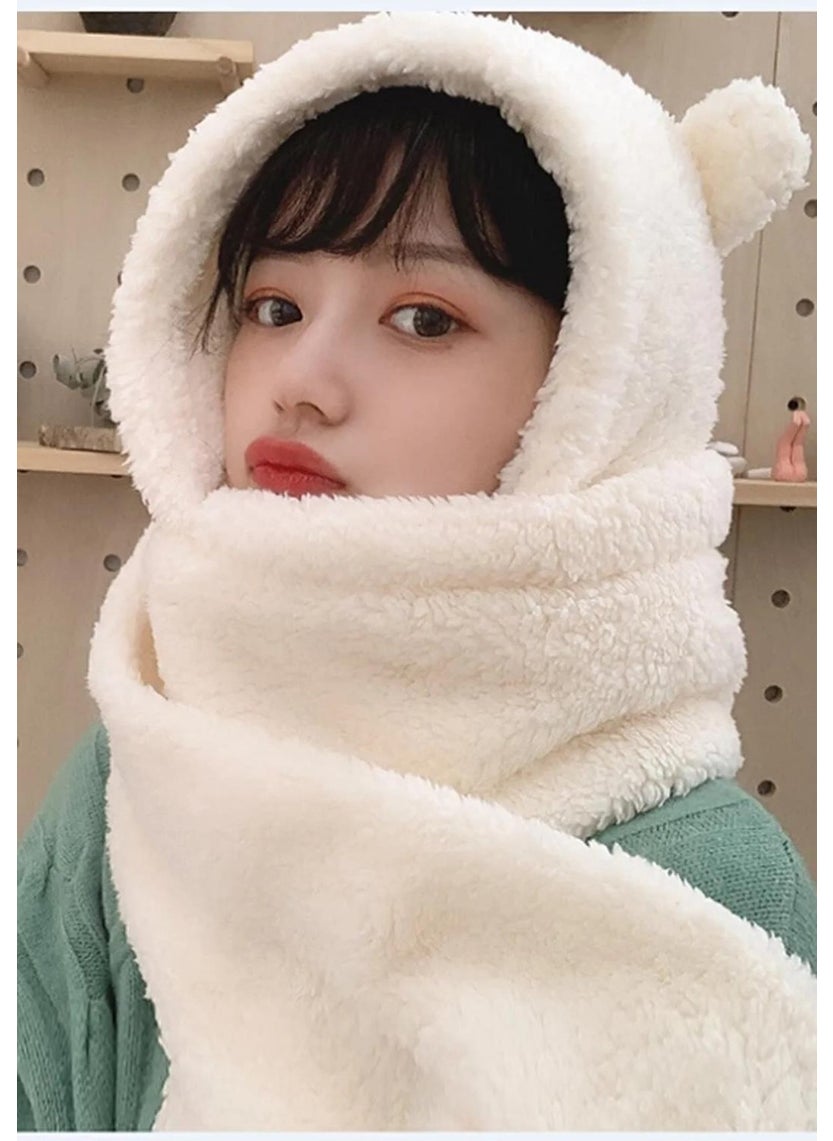Hooded Plush Beanie Scarf Women Welsoft Polar Fleece Neck Warmer Shawl Windproof Eared Hat