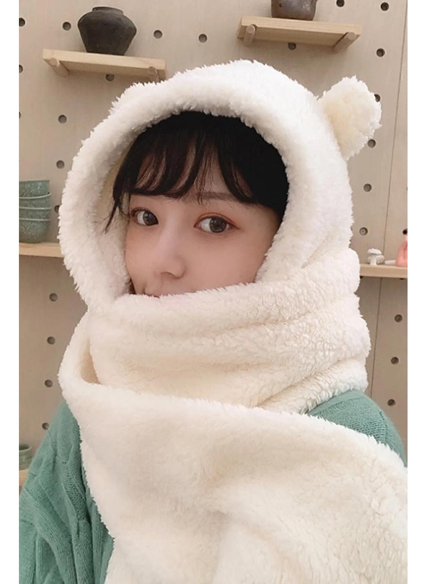 Hooded Plush Beanie Scarf Women Welsoft Polar Fleece Neck Warmer Shawl Windproof Eared Hat