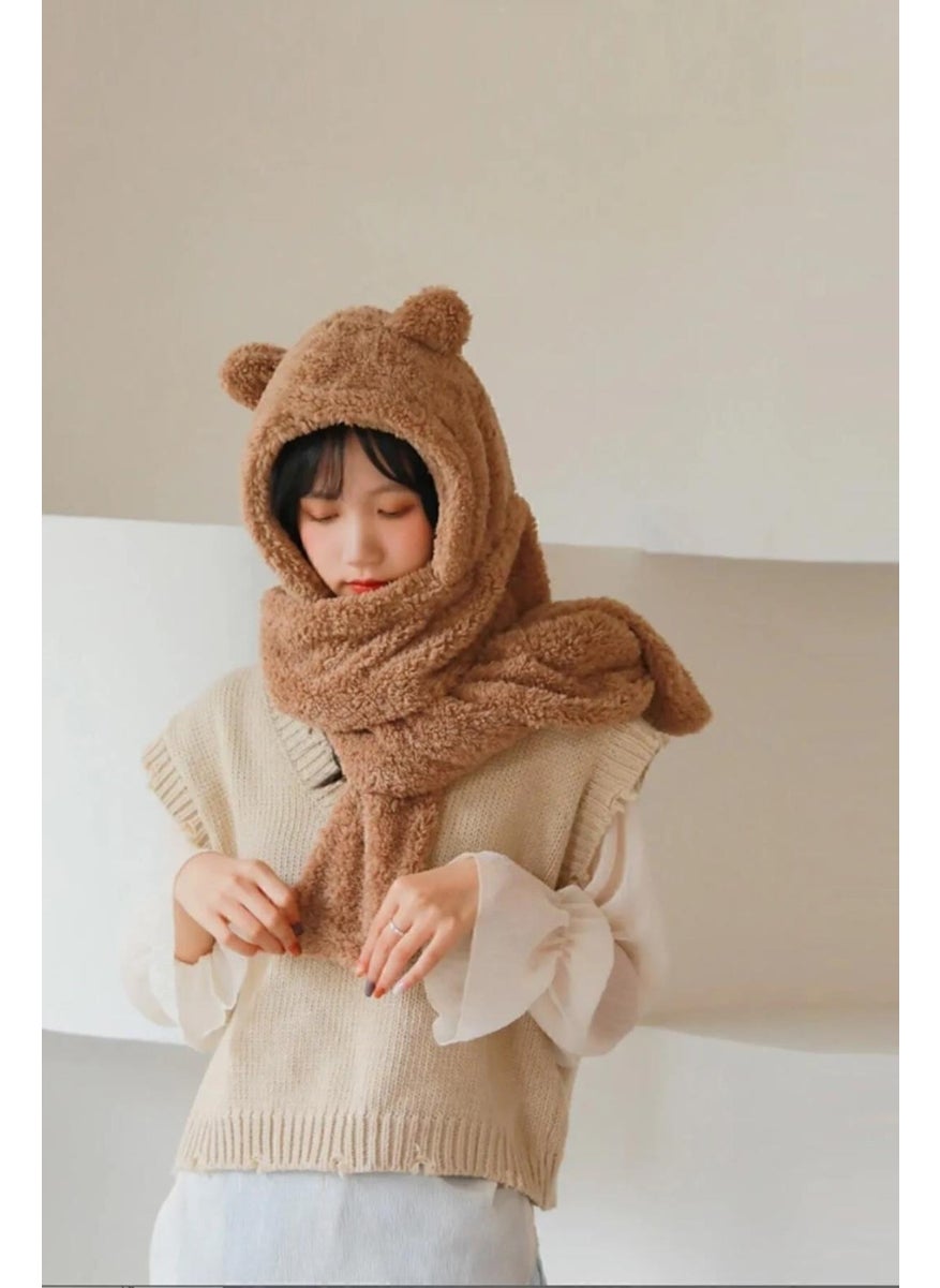 Hooded Camel Plush Beanie Scarf Women Welsoft Fleece Neck Warmer Shawl Windproof Eared Hat