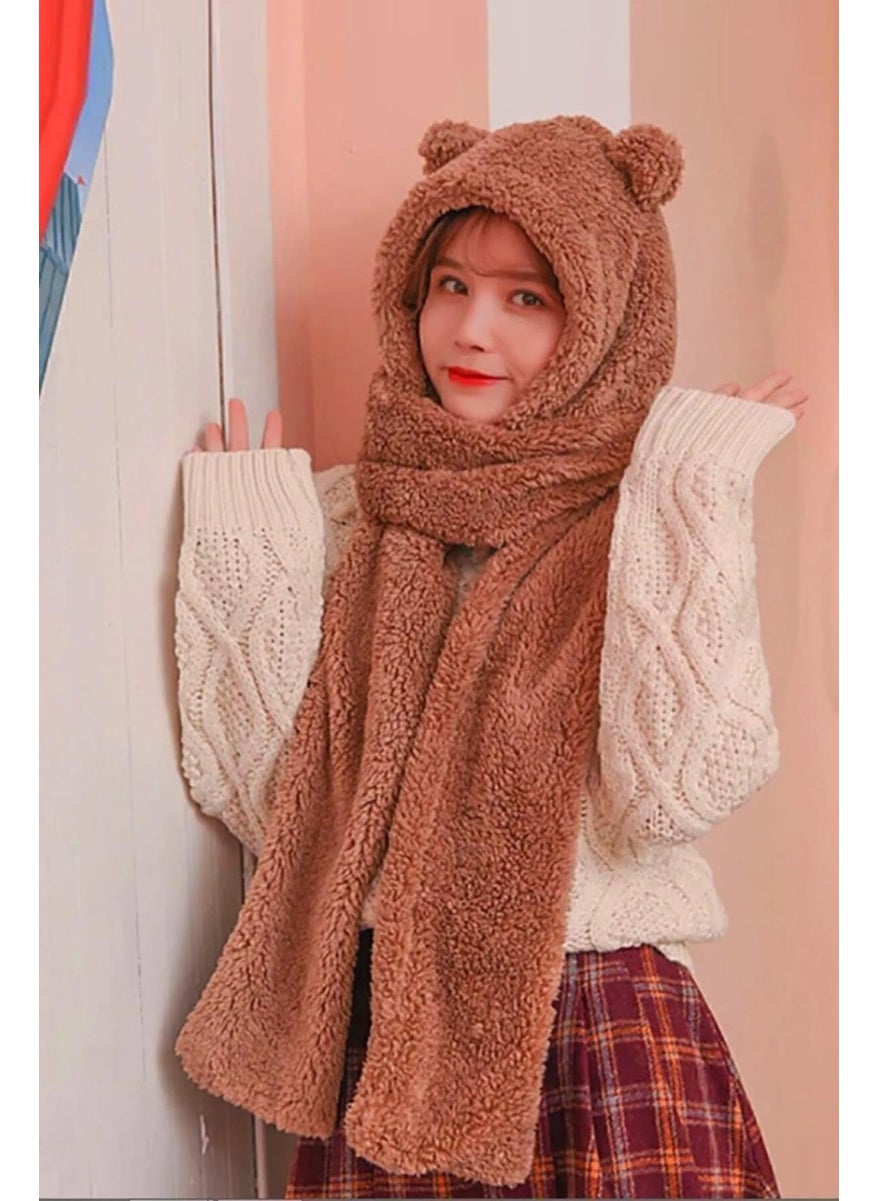 Hooded Camel Plush Beanie Scarf Women Welsoft Fleece Neck Warmer Shawl Windproof Eared Hat