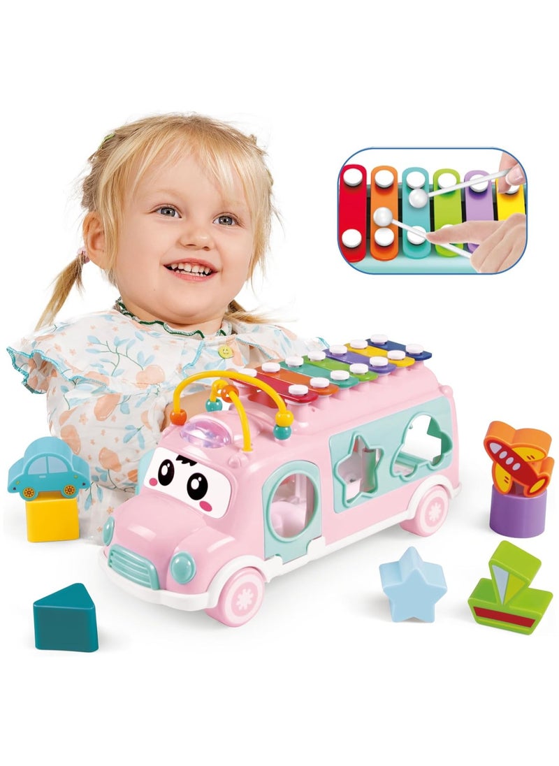 Music Activity Bus Baby Toy, Infant Education Learn Car, Sound and Light,Interactive Game,Shape Sorter,Animal Matching, Holiday Birthday Gift