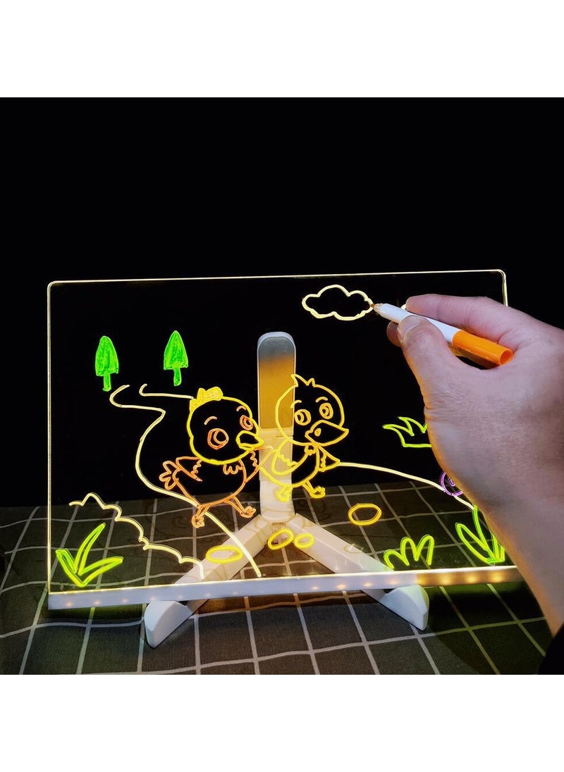 Children's Glowing Drawing Board with Light - DIY Acrylic Board for Home, Transparent Coloring Set, Adjustable Triangle Stand, Reusable Erasable Black Board with Color Pens and Wipe Cloth