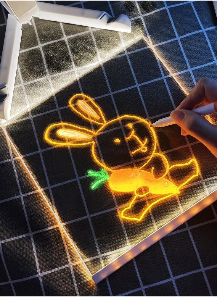 Children's Glowing Drawing Board with Light - DIY Acrylic Board for Home, Transparent Coloring Set, Adjustable Triangle Stand, Reusable Erasable Black Board with Color Pens and Wipe Cloth