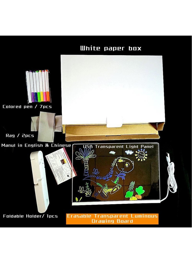 Children's Glowing Drawing Board with Light - DIY Acrylic Board for Home, Transparent Coloring Set, Adjustable Triangle Stand, Reusable Erasable Black Board with Color Pens and Wipe Cloth