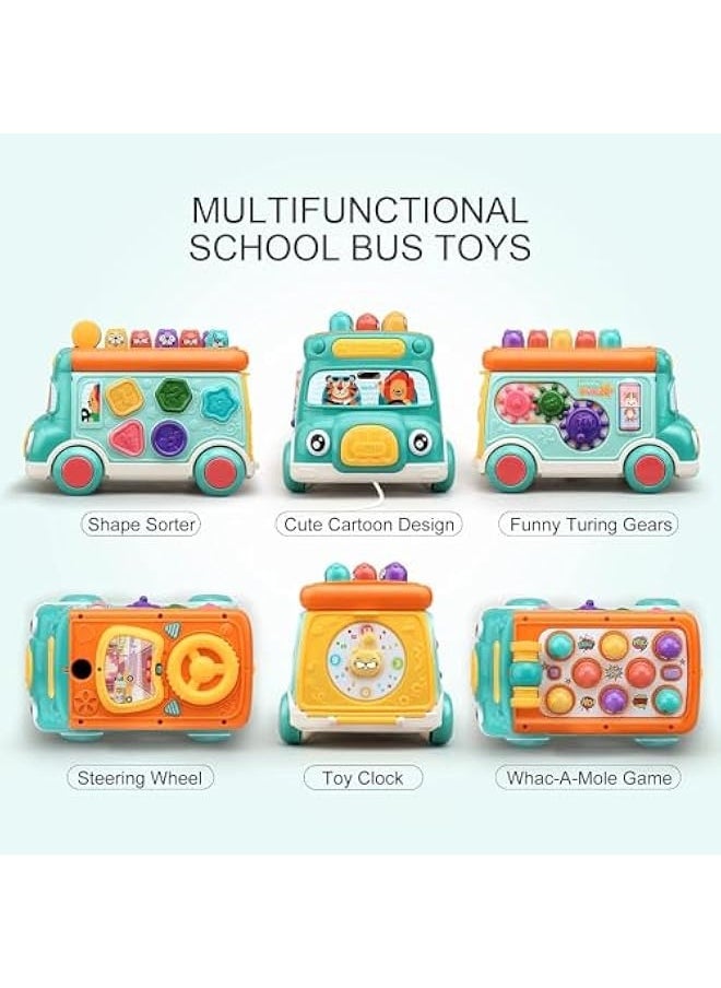 Push Pull Bus Toy for Toddlers, Baby Musical Learning Toys with Sound and Light, Includes Whack-a-Mole Game, Shape Matching, Gear Toy, and Toy Clock, Activity Bus for Early Education, Fun Gift