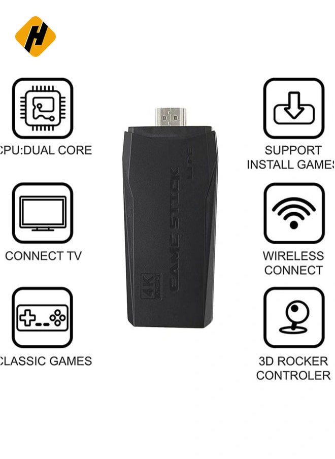 4K game console with dual 2.4G wireless controllers, plug-and-play video game stick, built-in 3,500 games, 9 classic emulators, high-definition HDMI output for TV