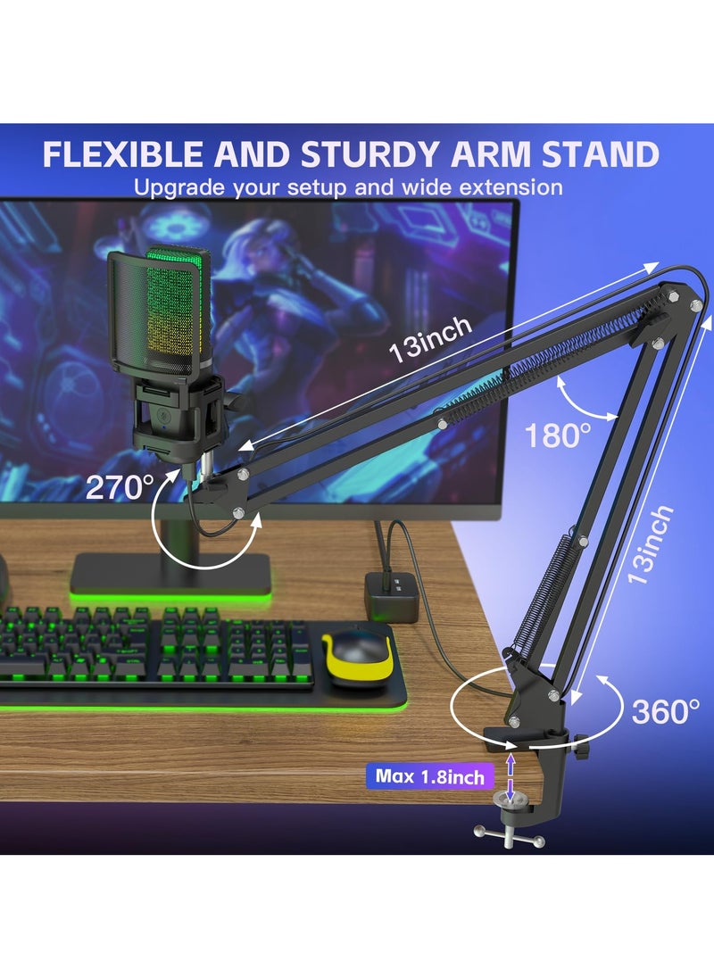 Gaming USB Microphone,Noise Cancellation Condenser mic,RGB Microphone with Mute,Gain,Monitoring,Boom Arm,Pop Filter for Phone,PC,Computer,PS4,PS5,Mac,Streaming,Podcast,Twitch,YouTube,Discord