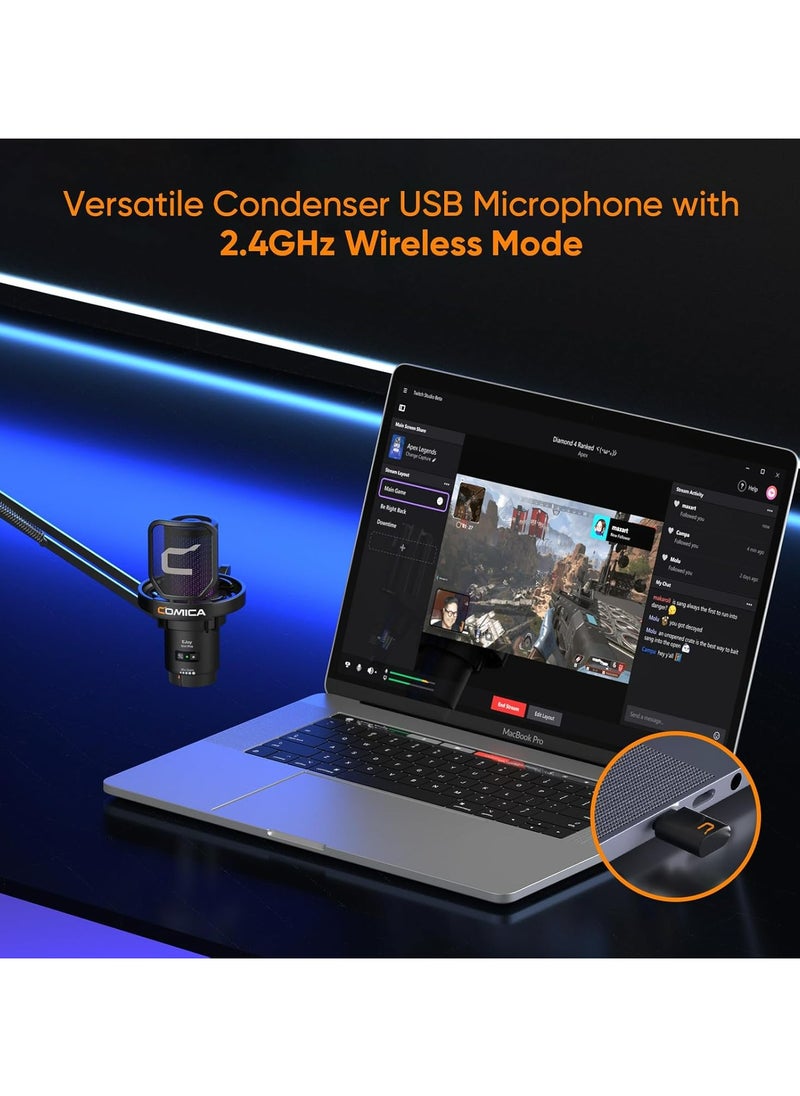 Comica EJoy Uni Pro Wireless USB Condenser Gaming for PC, PS4, PS5, USB C Phone and Mac, Boom Arm RGB Computer Mic for Twitch, Streaming, Podcasting, Noise Cancellation Mic with Mute, Gain, Monitoring