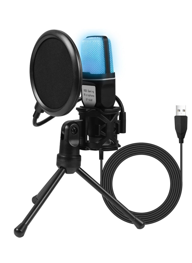 USB Microphone, RGB Studio Microphone with Shock Mount, Condenser Microphone Kit with Foldable Tripod Stand, Podcast Mic Set with Pop Filter for Recording, Podcasting, Streaming (Black)