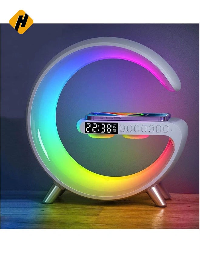 Wireless Charger Atmosphere Lamp, Portable LED Bluetooth Speaker Wireless Charger with Desk Lamp Bedside RGB Night Light, App Control Mini Music Lamp Digital Alarm Clock Speaker