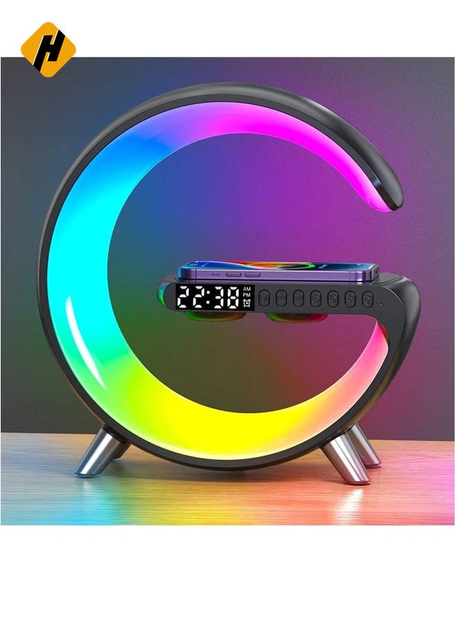 Smart Bluetooth Speaker Wireless Phone Charger LED Light, Multifunctional RGB Night Light and Charging Station, Smart Sounder Alarm Clock for Bedroom Smart Desk Lamp Control with App