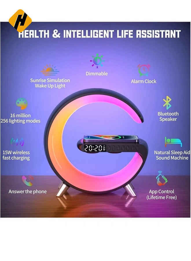 Smart Bluetooth Speaker Wireless Phone Charger LED Light, Multifunctional RGB Night Light and Charging Station, Smart Sounder Alarm Clock for Bedroom Smart Desk Lamp Control with App