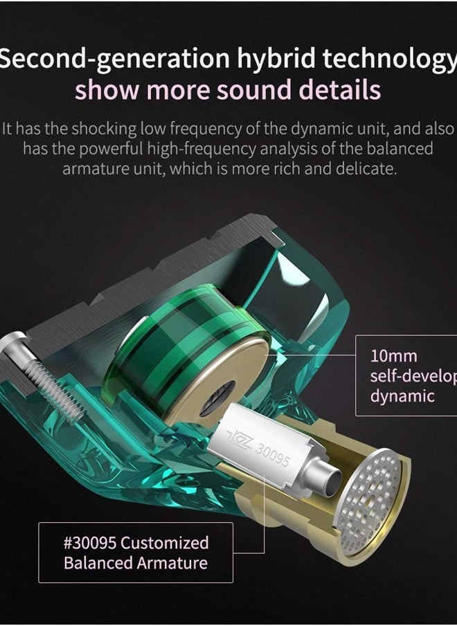 ZSN Dynamic Hybrid Dual Driver in Ear Earphones Detachable Tangle-Free Cable Musicians in-Ear Earbuds Headphones with Microphone (Black Cyan)