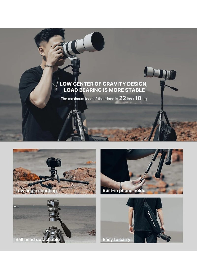 Ulanzi F38 Fotopro Air III Quick Release Video Travel Carbon Fiber Tripod | Fluid Head for Video | Storage Length 42cm | 5 Leg Sections 44-156cm | Ball Head Payload 3Kg | 1.08Kg