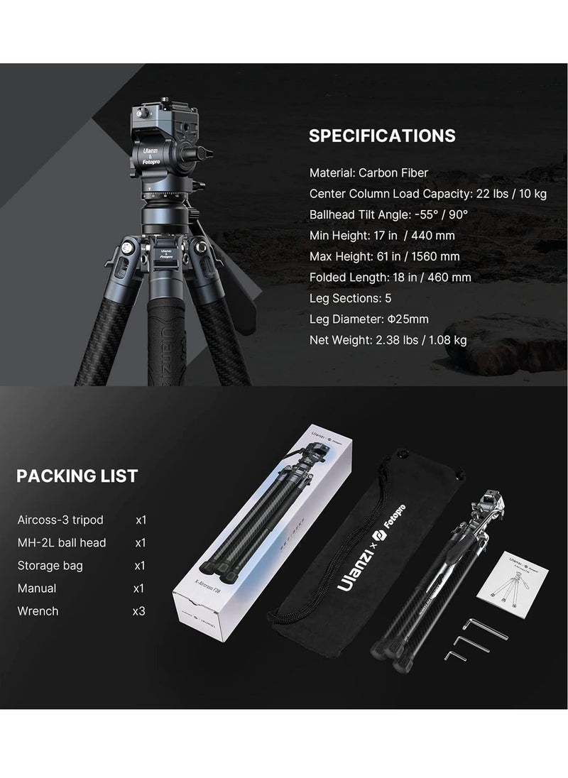 Ulanzi F38 Fotopro Air III Quick Release Video Travel Carbon Fiber Tripod | Fluid Head for Video | Storage Length 42cm | 5 Leg Sections 44-156cm | Ball Head Payload 3Kg | 1.08Kg