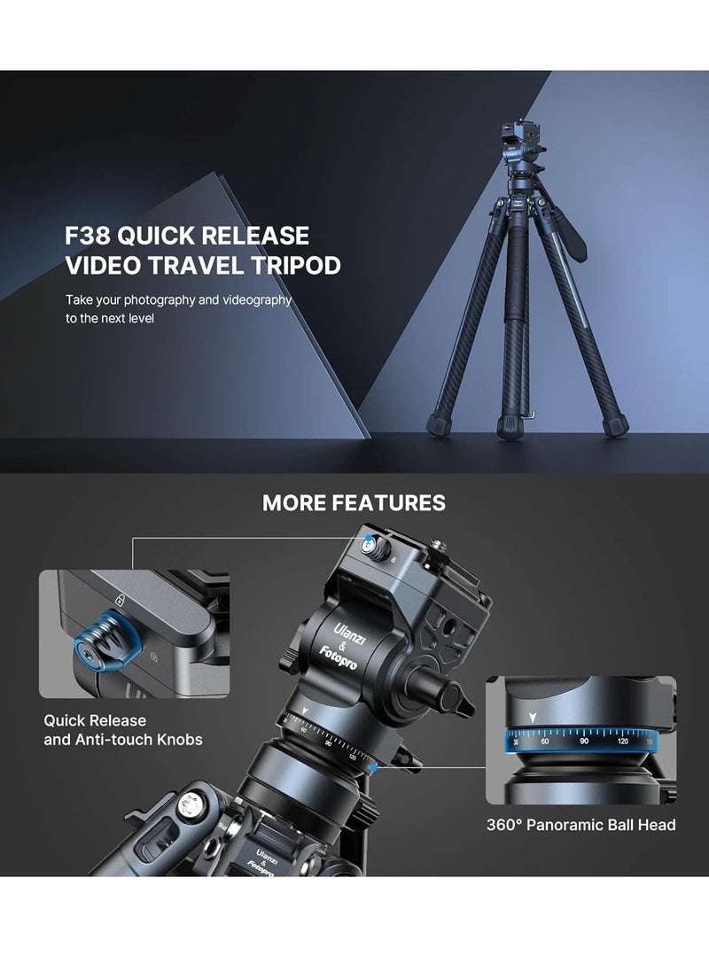 Ulanzi F38 Fotopro Air III Quick Release Video Travel Carbon Fiber Tripod | Fluid Head for Video | Storage Length 42cm | 5 Leg Sections 44-156cm | Ball Head Payload 3Kg | 1.08Kg