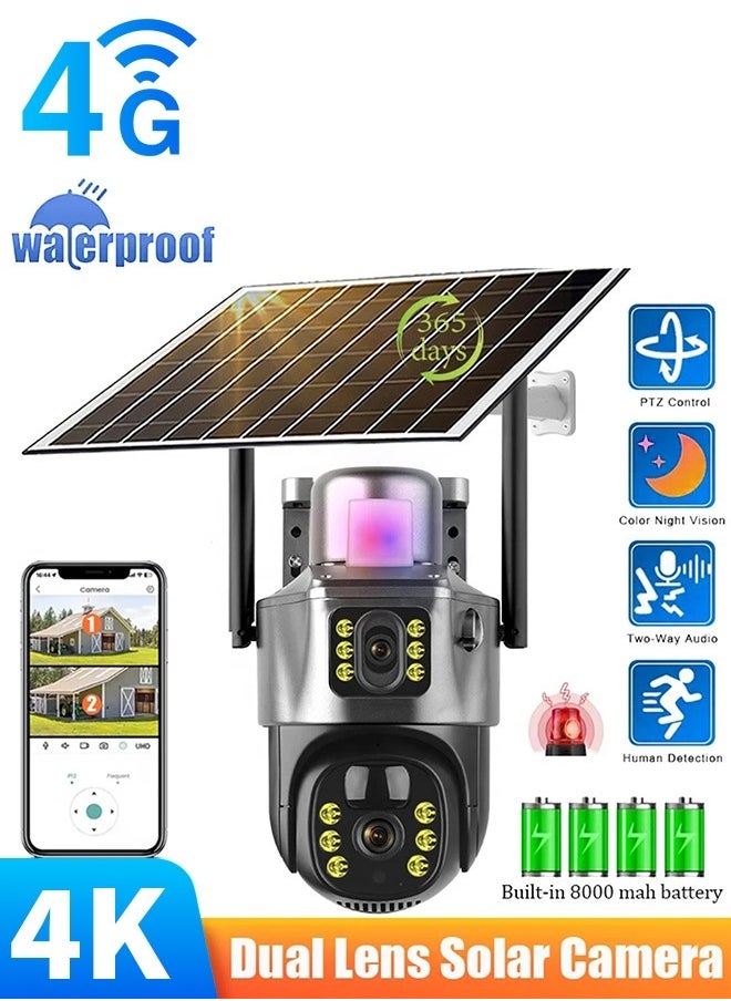 4K 8MP Solar Camera 4G Sim PTZ Cameras Outdoor Dual Lens IP Camara Solar Panel CCTV Security Built in Battery PIR Cam (With 64GB SD Card)