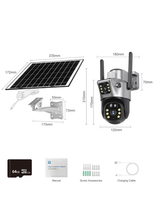 4K 8MP Solar Camera 4G Sim PTZ Cameras Outdoor Dual Lens IP Camara Solar Panel CCTV Security Built in Battery PIR Cam (With 64GB SD Card)