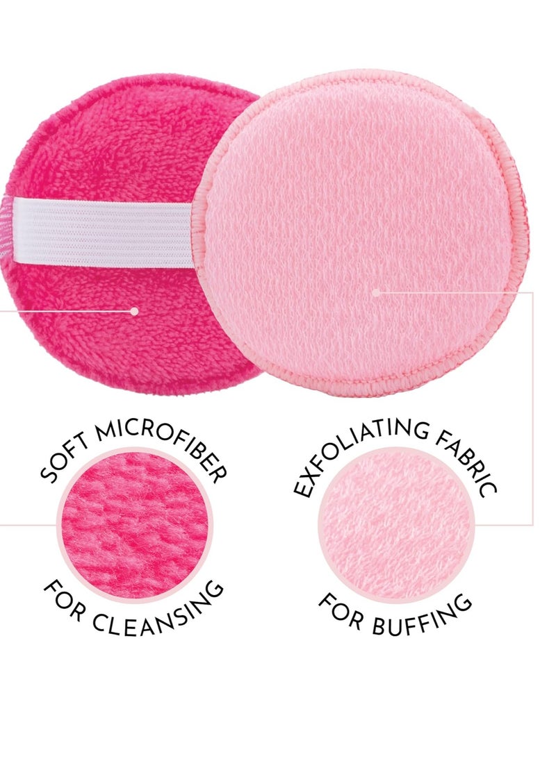 S&T INC. Gentle Face Scrubbers, Dual Sided Face Exfoliators with Elastic Strap, 3.3 Inch Diameter, 2 Pack, Teal/Pink