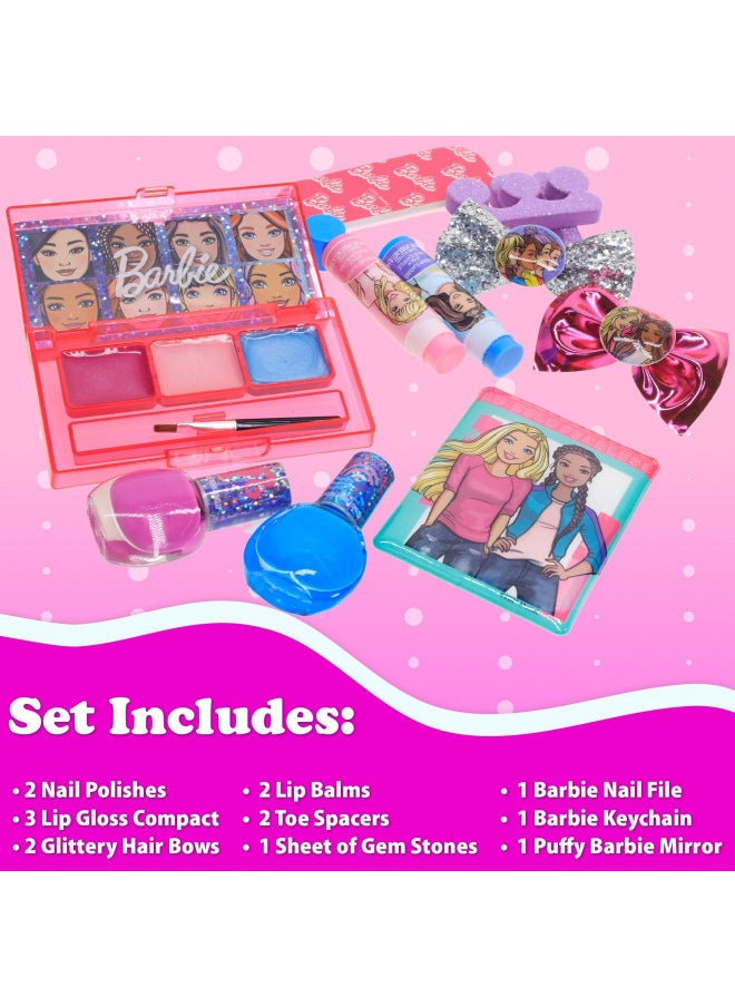 Barbie - Townley Girl 15 Pcs Makeup Filled Backpack Cosmetic Gift Set with Mirror Includes Lip Gloss, Nail Polish, Hair Bow & More! for Kids Girls, Ages 3+ Perfect for Parties, Sleepovers & Makeovers