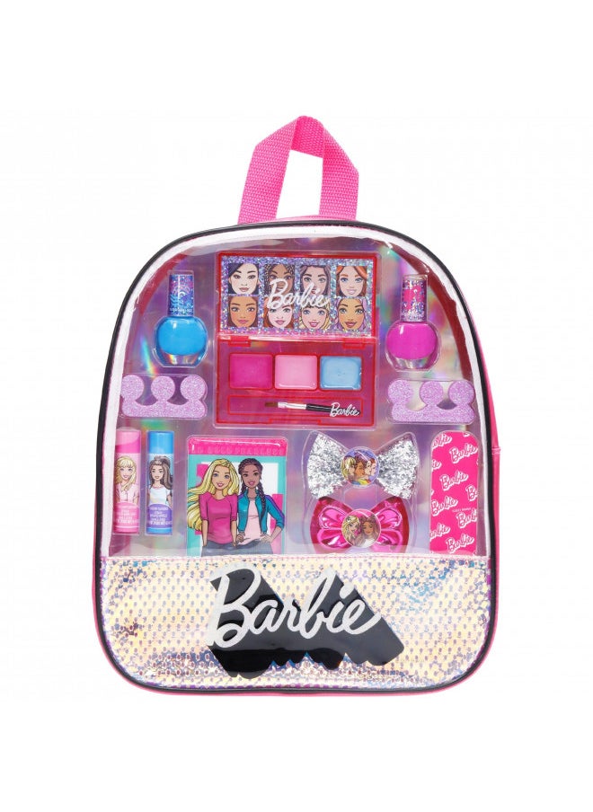 Barbie - Townley Girl 15 Pcs Makeup Filled Backpack Cosmetic Gift Set with Mirror Includes Lip Gloss, Nail Polish, Hair Bow & More! for Kids Girls, Ages 3+ Perfect for Parties, Sleepovers & Makeovers