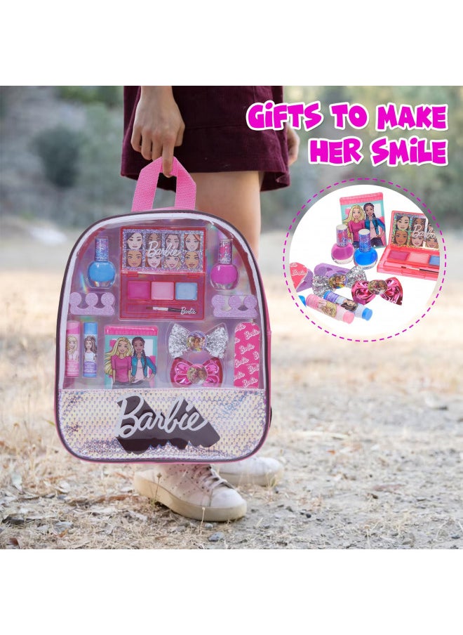 Barbie - Townley Girl 15 Pcs Makeup Filled Backpack Cosmetic Gift Set with Mirror Includes Lip Gloss, Nail Polish, Hair Bow & More! for Kids Girls, Ages 3+ Perfect for Parties, Sleepovers & Makeovers