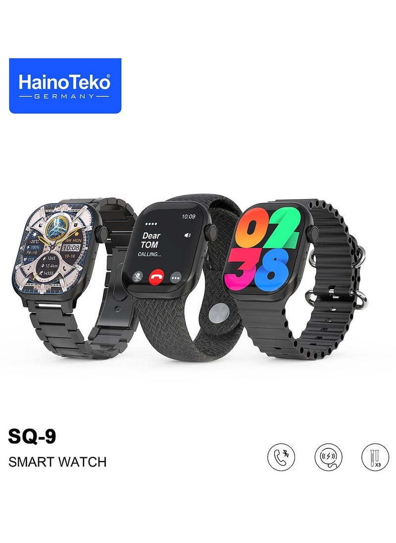 HainoTeko SQ9 Smartwatch with Large Screen AMOLED Display 3 Straps and Charging Cable Designed for Ladies and Gents Black