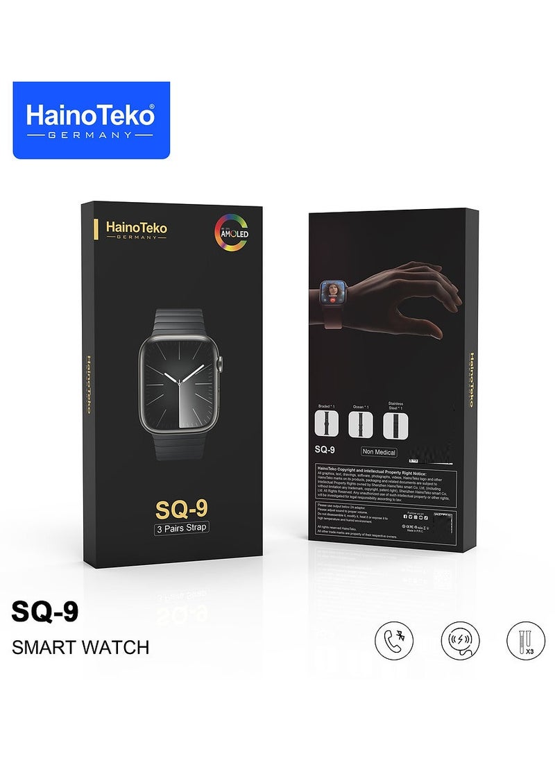 HainoTeko SQ9 Smartwatch with Large Screen AMOLED Display 3 Straps and Charging Cable Designed for Ladies and Gents Black