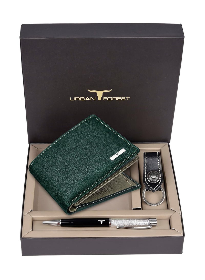 URBAN Forest Keith Green/Grey Leather Wallet + Keyring + Pen Combo Gift Set for Men