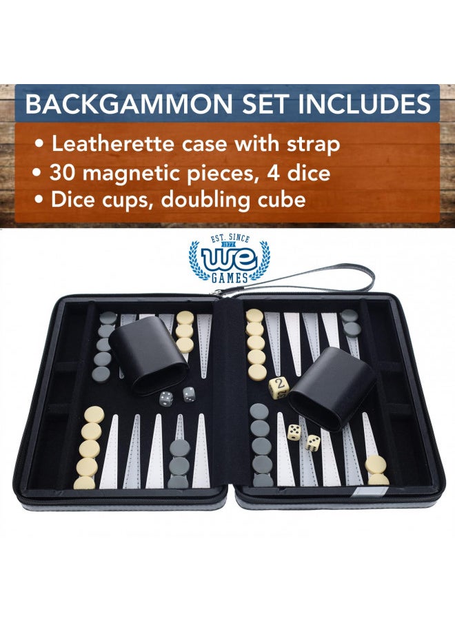 WE Games Backgammon Set, Board Games for Adults - Travel Games - Black with Gray Stripe Magnetic Leatherette Backgammon Board and Carrying Strap - Travel Backgammon Sets for Adults